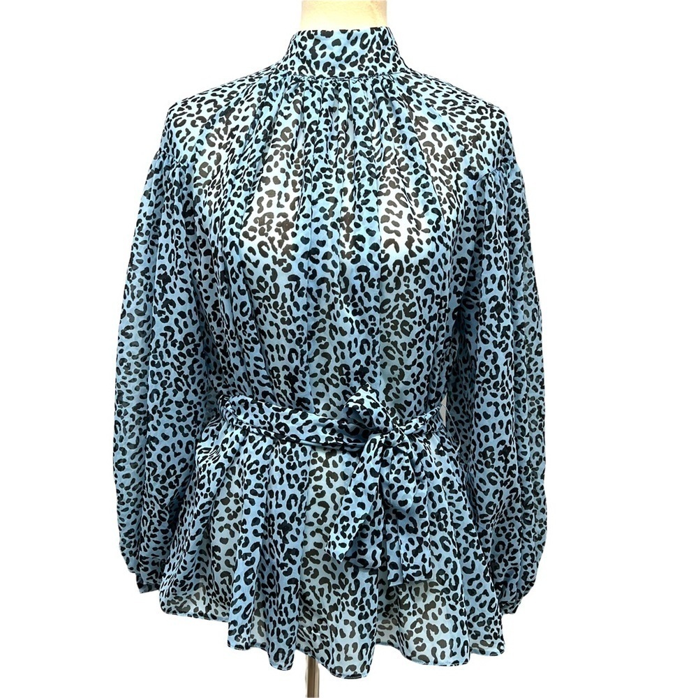 ASOS Blue Animal Print Belted Puff Sleeve Sheer Blouse Women’s 8 - Picture 2 of 13